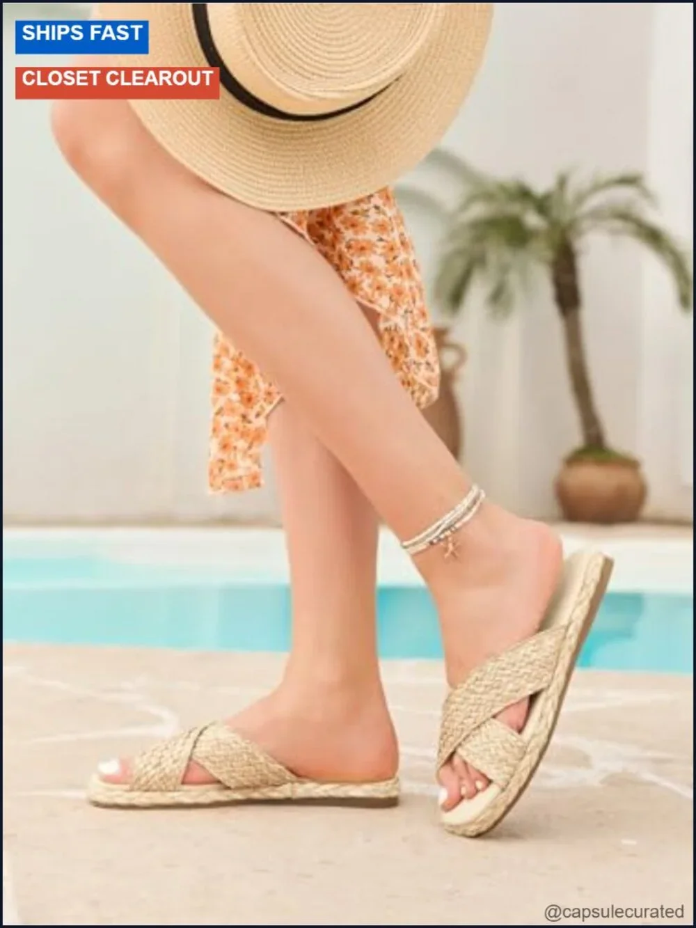 Raffia Espadrille Slide Sandals Open Toe Woven Cross Strap Slip On Summer Beach